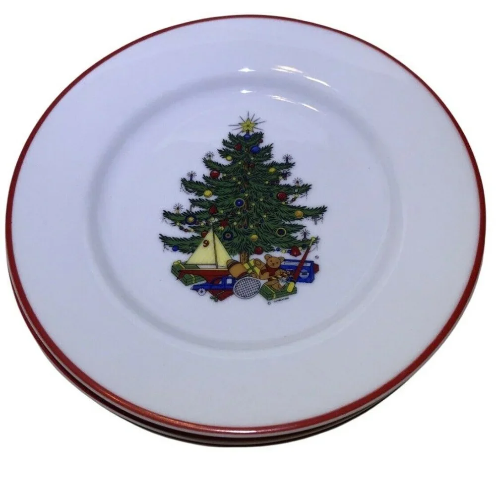 VTG Cuthbertson Set Of 4 Red Rim 6.5” “American Christmas Tree” Bread‎ Plates